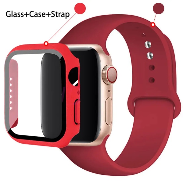 Glas+ Case+ Rem För Apple Watch -band 44mm 45mm 42mm 41mm 40mm 38mm Silikonarmband iWatch-serien 8 9 7 6 5 4 3 SE 36 rose red 45mm series 7 8 9