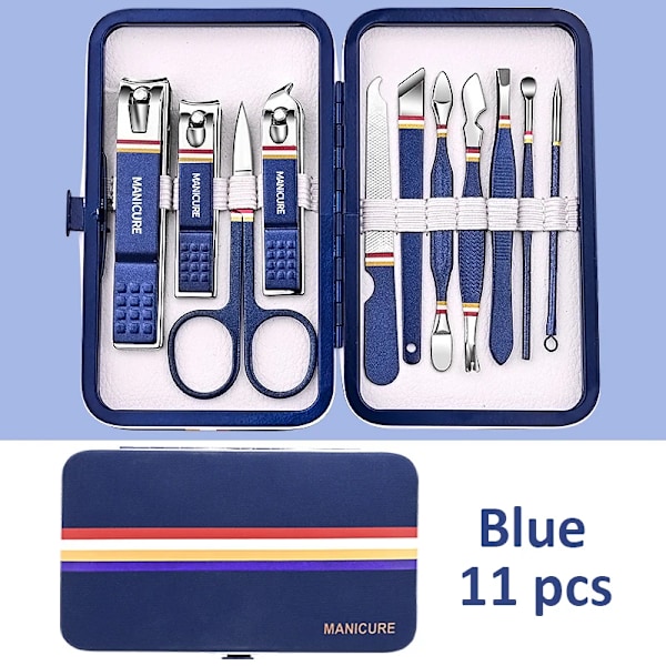 9-19 delar/set Nagelklipparset i rostfritt stål Nagelklippare Set med Vikbar Väska Manikyrset Sax Smink Skönhetsverktyg Blue 11 pcs