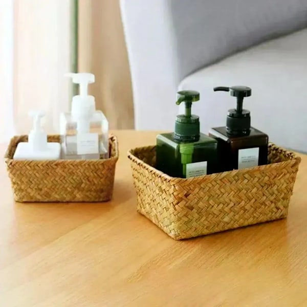 Håndlavede vævede arrangører Søgræs opbevaringskurv Desktop halm Rattan Box Multipurpose frugt kosmetiske diverse opbevaringsbeholder S  Storage Baskets 3 M