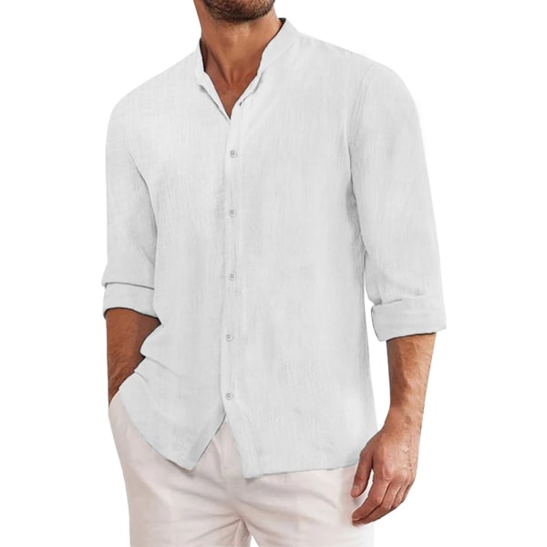 Linneskjortor i bomull för män Enfärgad långärmad oversize topp vår/höst stilig modeskjorta Black Asian L(50-60Kg)
