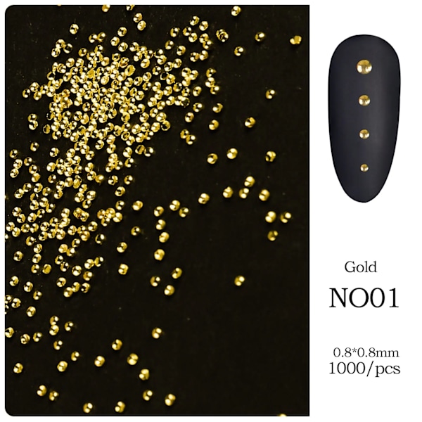 1000 stk Mini Metal Spikes Neglekunst Dekorationssæt, Negle Nitter Kaviar Perler til 3D Gel Polish Tips Design Gold 1.2mm