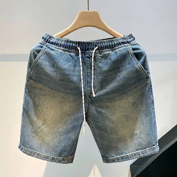 Sommer 2024 Nye Snørestreng Denim Shorts Mænds Mode Mærke High Street Femte Bukser Amerikansk Retro Løs Straight Bukser Blue L