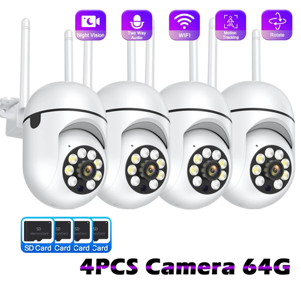 3MP 1/2/4PCS PTZ Wifi Kamera Säkerhet Smart IP Utomhus CCTV Övervakningskamera Autospårning Night Vision Tvåvägsljudmonitor US PLUG 4PCS Camera 64G