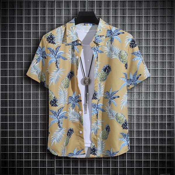 Printed sommarskjorta för män tunn strandskjorta herrkläder Pikétröja med sköldpaddshals för män Casual topp Yellow L 50-60kg
