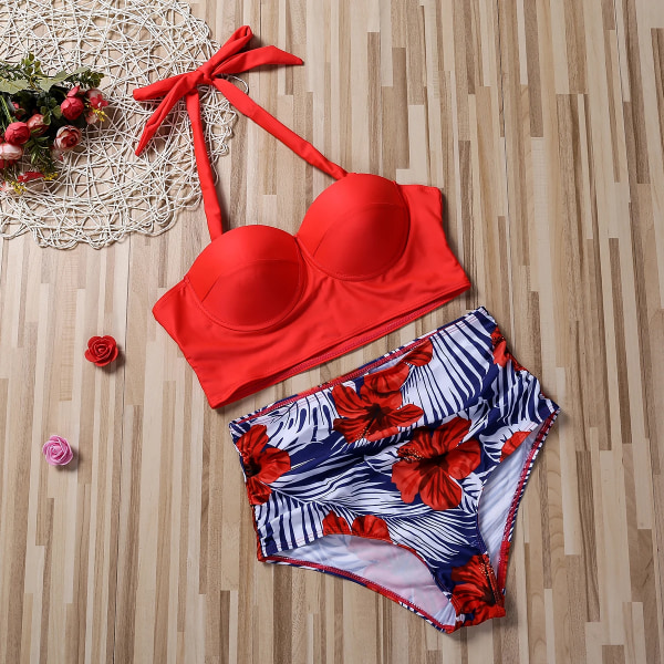 Kvinnor Push Up Bikini Set Sommar Sexig Slim Flower Print Kvinnliga hög midja simdräkter A M