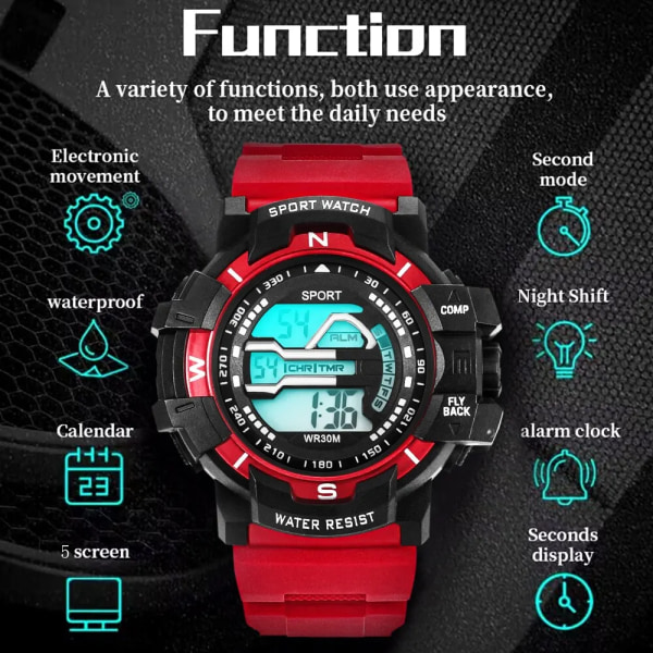 Män Digital watch 30 m vattentät armbandsur LED Quartz Klocka Watch Man Stora klockor Herr Relogios Masculino Red