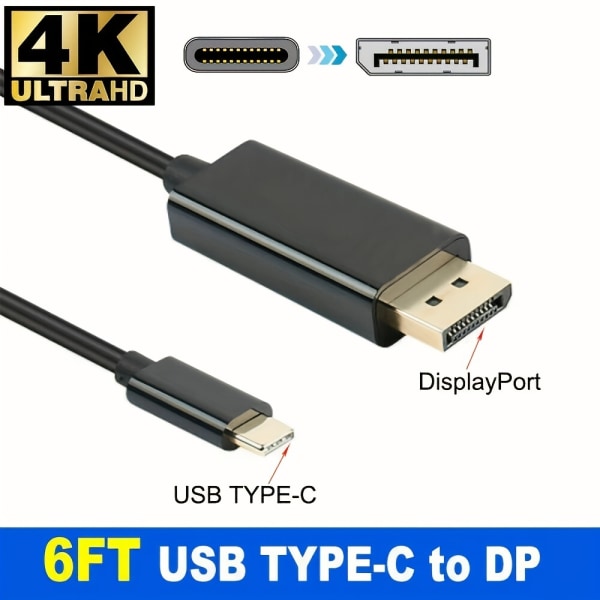 USB C till DisplayPort-kabel 1,8M (4K@60Hz) USB 3.1 Typ C till DP-skärmport kompatibel för Thunderbolt 3 MacBook Pro/Air/iPad Air 4 Pro Black 1.8m
