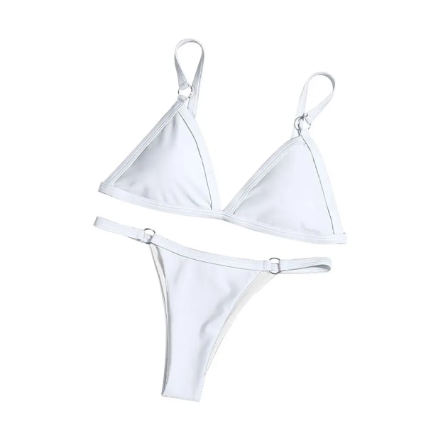Dam Sexig Enfärgad Sling Bikini Set Metallspänne Dekorerad Brasilianska Badkläder Strandsemester Split Badkläder white S