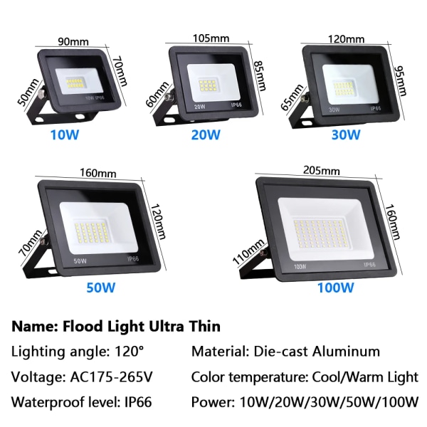 LED Flood Light 10W 20W 30W 50W 100W AC 220V LED Floodlight IP66 Vattentät Reflektor Spotlight Gatuljus Utomhus trädgårdslampa Black 20W