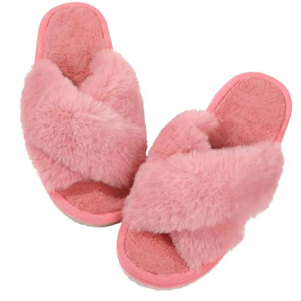 Eyriphy Vinter Varme Toffler Kvinder Cross Band Bomuld Sandaler Fluffy Blød Bund Slides Plys Fuzzy Hjem Tøfler Hyggelige Pels Sko Watermelon Red 1 38-39