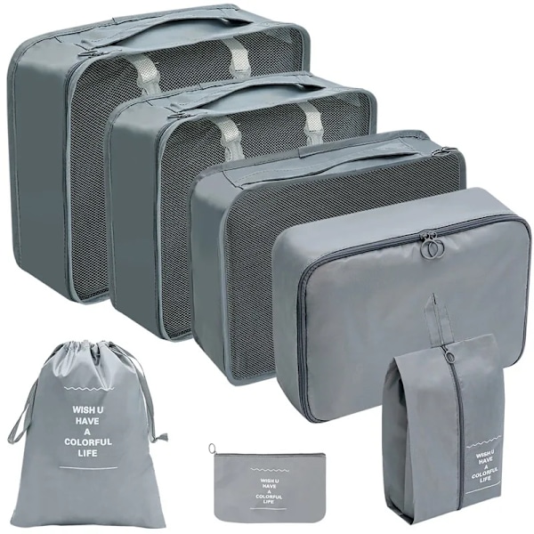 7-delars Set Resväska Organiseringsväskor Packningskuber Set Fodral Bärbar Bagage Kläder Sko Ordningshållare Vikbar 7pcs Grey