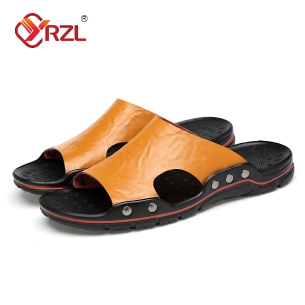 Yrzl Tofflor Men Pu Läder Classic Sommar Män Sandaler Mjuk Brun Utomhus Bekväma Tofflor Lätta Eva Slides För Män Yellow brown 46