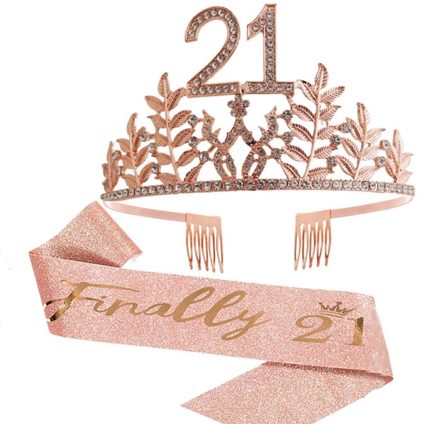 Queen's Birthday Crown 6 16 18 21 30 50 Ribbon Crystal Tiara Princess Födelsedag Bar Mitzvah Fest Jubileumsdekoration Tillbehör Rose Gold  21