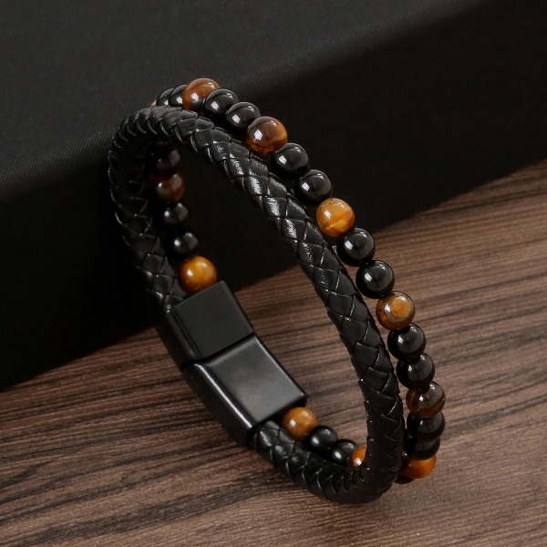 Ny design Flerlagers handvävda armband och armband i äkta läder Herrlegering Mode Armband Presenter Q-tiger stone black 21cm long