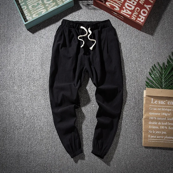 Bomull Linne Harem Byxor Män Fast Elastisk Midja Streetwear Joggers 2022 Nya Baggy Drop-Crotch Byxor Casual Tro Casual Tro Användare Män Som Löpar Ivory 4XL