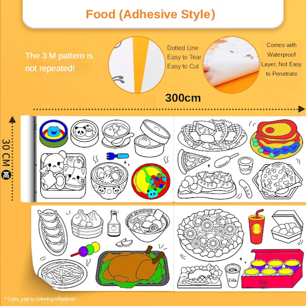 30*300cm Värityskirja Paperirulla Graffiti Rulla Diy Käsityö Paperirulla Hauska Piirretty Täyttö Tarra Taustakuva Vauva Pu. Lelu food