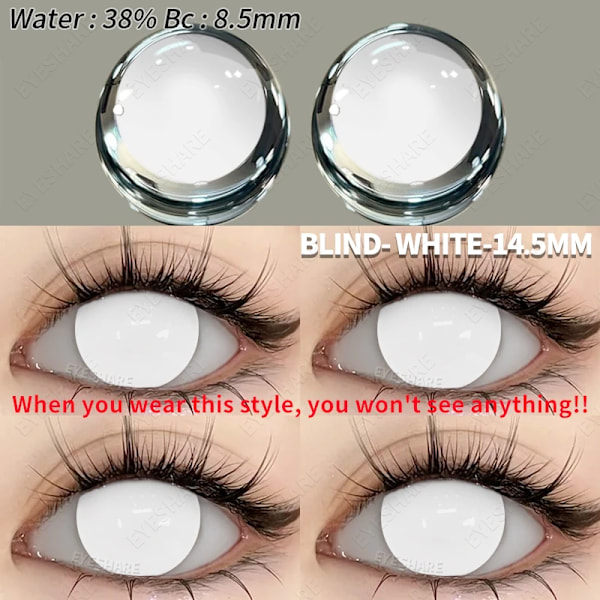 Eyeshare 2kpl Cosplay Värilliset Piilolinssit Crazy Valkoiset Piilolinssit Anime Mustat Silmälinssit Halloween Kauneus Meikki Linssi BLIND-WHITE