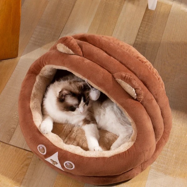 NY Tecknad hundsäng för små hundar Rolig kattbo Vinterhundar Hus Katt Tält Plysch Katthus Teddy Hund Kennel Katter Hem brown L-50x50x36cm