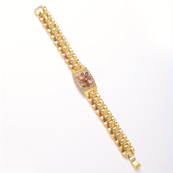 Chunky kedja armband med blomform mönster Temperament watch kedja armband inläggningar glänsande zirkon Golden