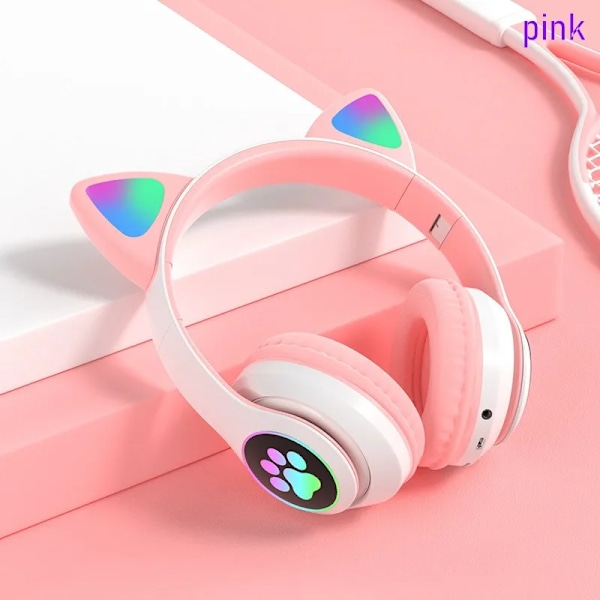 Blinkande Led Söta Katt Öron Hörlurar Bluetooth Trådlös Hewset Med Mic Tf Fm Kid Flicka Stereo Musik Öron Kitten Öraphon Gåva 028-pink