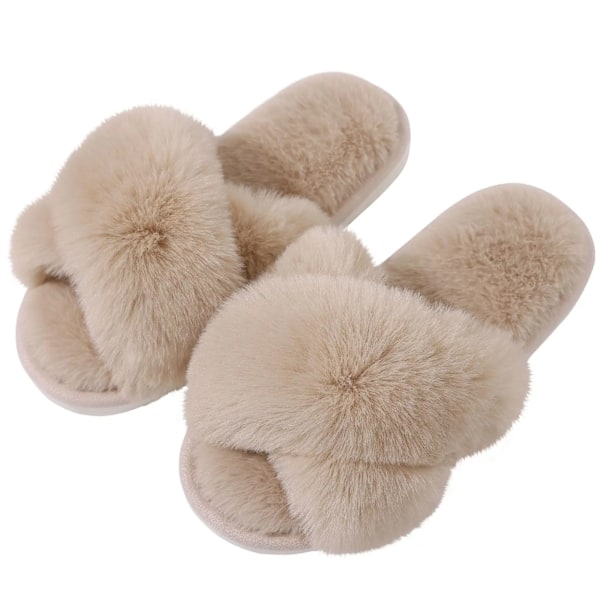 Eyriphy Vinter Varma Toffpar Kvinnor Cross Band Cotton Sandaler Fluffig Mjuk Botten Slides Plush Fuzzy Home Toffpers Mysiga Pälsa Skor KH 40-41