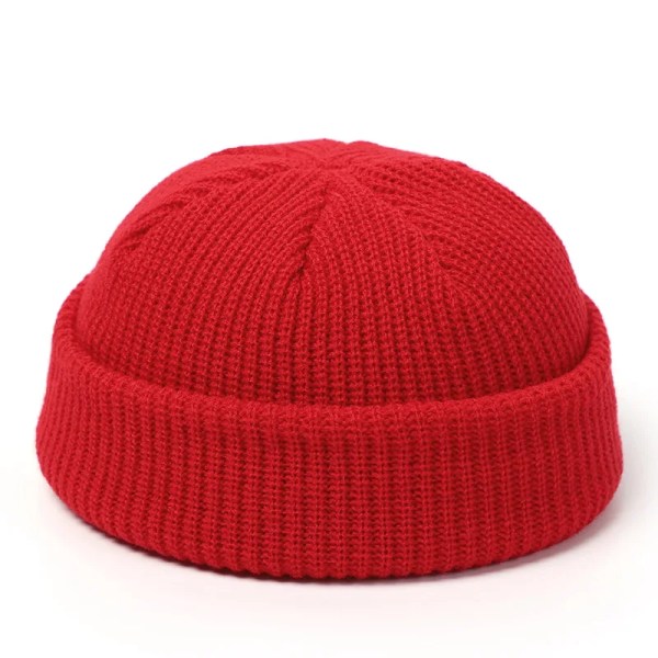 Stickade mössor för kvinnor Skullcap Herr Mössmössa Vinter Retro Brättelös Baggy Melon Cap Manschett Docker Fisherman Beanies Hattar för män Wine Red