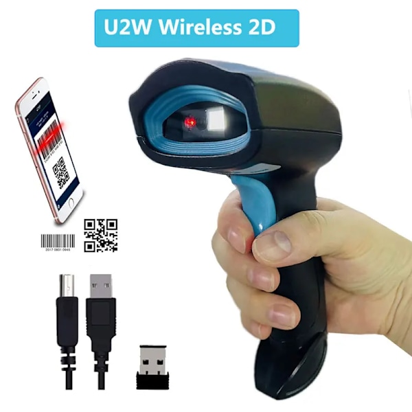 1D/2D stregkodescanner kablet/trådløs/Bluetooth QR-kodelæser til Pos-system, PDF417 stationær scanner til lagerbeholdning butik U2W Wireless 2D