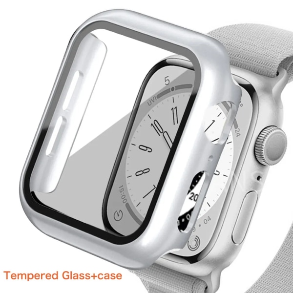 Glas+ cover För Apple Watch Case series 9 8 7 6 5 4 3 SE 45mm 41mm 44mm 42mm iWatch Skärmskydd för Apple Watch Tillbehör Silver 17 Series 4654 SE 44MM