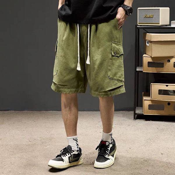Sommer Plus Størrelse Casual Japansk Mode Mærke Multi-Pocket Arbejdstøj Femte Bukser Tynde Løs Trendy Straight Korte Bukser Mode Green XL