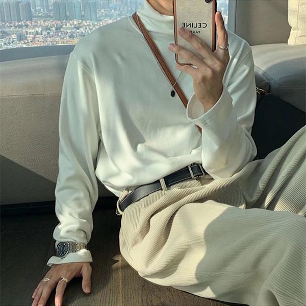 Vår Halv Turtleneck Bottoming Skjorta Mäns Lös Bottomerande Koreansk Varm Hög Halsade Höst Underkläder Mäns Långa- T-Shirt White Turtleneck L