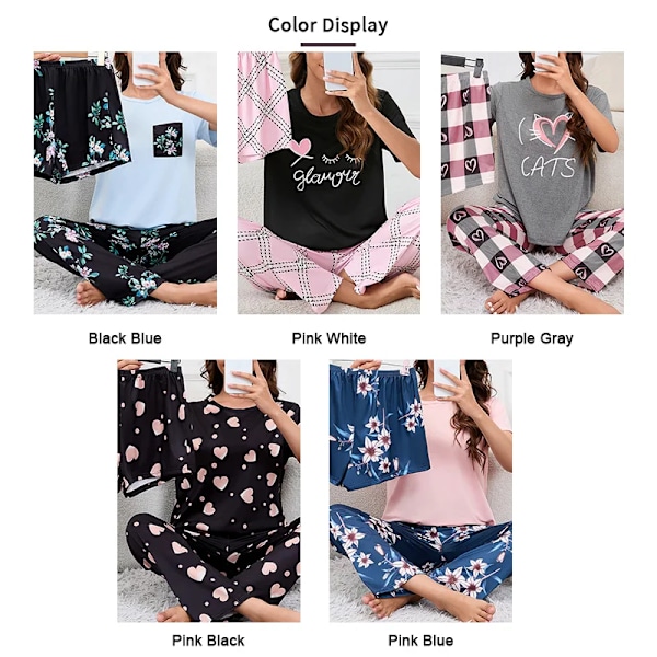 Naisten pyjama 3-osainen setti Yövaatteet Kotivaatteet Syksy Lyhythihainen toppi Lyhyet housut & Pitkät housut Loungewear Lyhyt puku Pyjama Purple Gray M