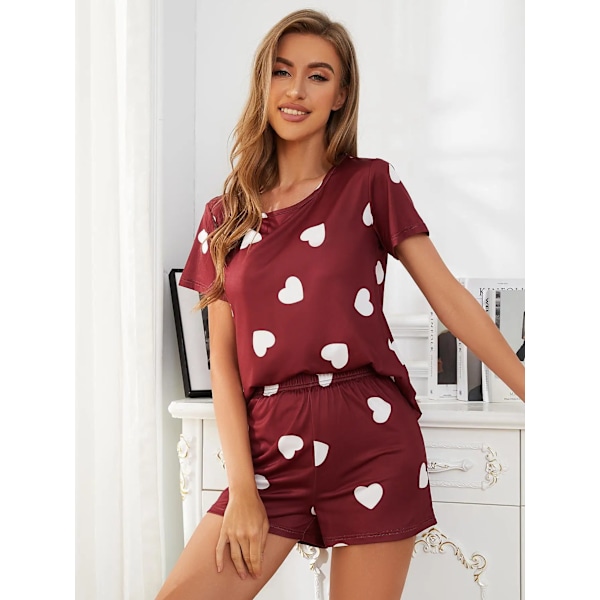 Kvinnors Pyjamas Set Kort Ärm O Hals Tee Top & Elastisk Midja Shorts 2 Bitar Kvinnlig Sömn Kläder Solid Heart Print Nattkläder Maroon M