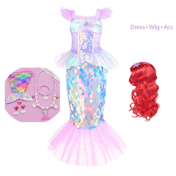 Lille Havfrue Princess Cosplay Sequin Bling Kjole Til Piger Fødselsdagsfest Halloween Børnetøj Kostume dress set 12 3T(110)