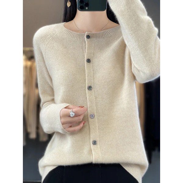 Mode Kvinnor 100% Merino Ull Cardigans Cashmir Sweater Höst Vinter O-Hals Lång Ärm Knitwear Kvinna Basic Kläder Topparna WHITE XXL