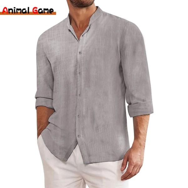 Linneskjortor i bomull för män Enfärgad långärmad oversize topp vår/höst stilig modeskjorta Black Asian L(50-60Kg)
