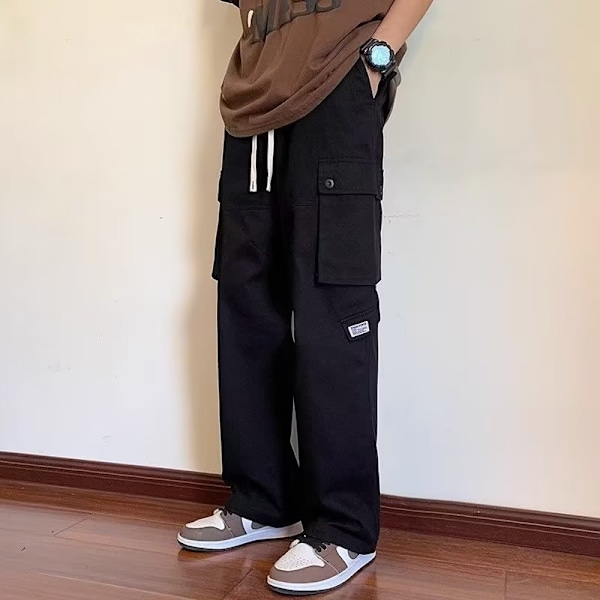 Amerikansk stil Multi-Pocket Rak Lastbyxor Mäns Våren Och Hösten Mode Märken Lös Funktionell Bred Ben Design Sense Re Casual Byxor Green M