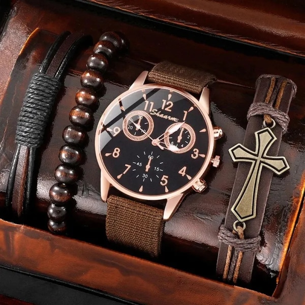 4st Mode Herrsportklockor Rund Big Dial Watch Analog Quartz Armbandsur Lyx Business Watch för män Relogio Masculino Brown