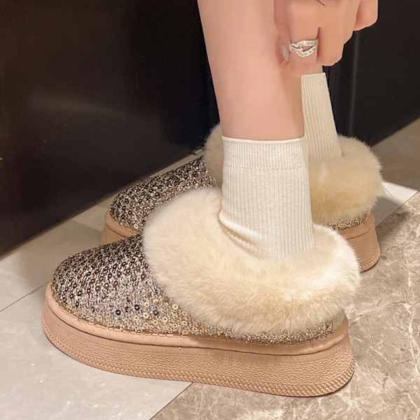 Kvindernes Fluffy Faux Pels Støvler Glitter Paljetter Slip På Platform Ankel Støvler Kvinde Tyk Solen Plys Varm Vinterstøvler Mujer Formand Silver 41