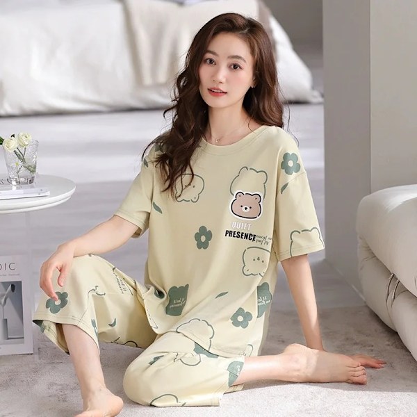 Kvindernes Pyjamas Loungewear Sæt Nye Kvindernes Sommer Kortærmede Bukser Fedt Damer Plus Størrelse Løs Sommer Loungewear Blue24-T6 5XL