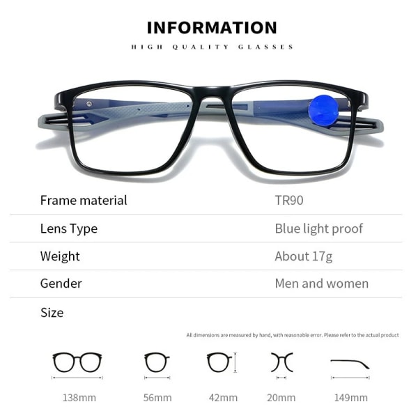 Ny trend TR90 Läsglasögon Mode Män Kvinnor Sport Presbyopi Glasögon Retro Blått Ljusblockerande Glasögon Dioptri 0 Till +4,0 black grey