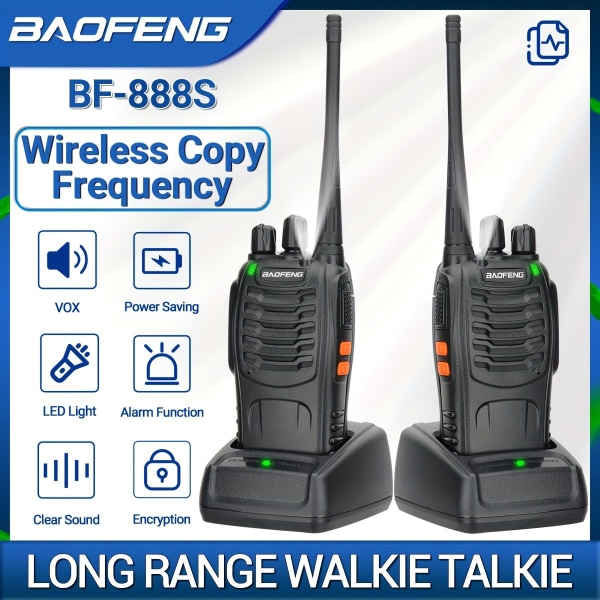 Walkie talkies lång räckvidd för vuxna med hörsnäckor, trådlös frekvenskopia Laddningsbar transceiver Walky talky med ficklampa handhållen (2 förpackningar)