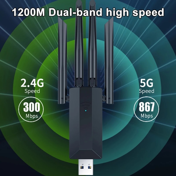 1200M höghastighets trådlöst nätverkskort 2.4G 5G Dual Band USB WiFi-adapter för PC Laptop 4 Antenn Nätverkssignalsändare Black