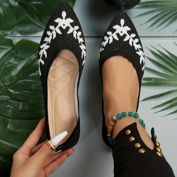Platta skor med bladmönster för kvinnor, stickade slip-on-skor med spetsad tå, bekväma andningsbara balettskor Black CN265(EU42)