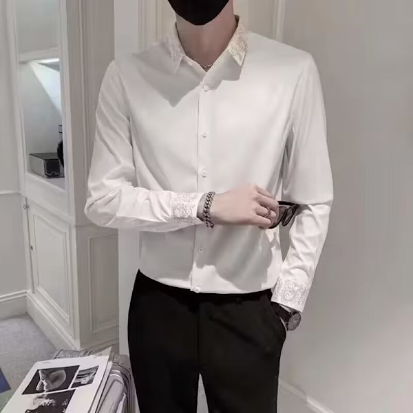 Våren Och Hösten Broderade Svarta Skjorta Mäns Lång Ärm Hög Grad Ruan Handsome Casual Skjorta High-End Mode Märkere Slim Topp Black XXL