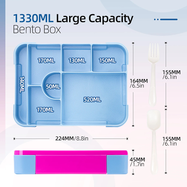 Bedårande mönstrad lunchlåda för barn, bärbar, uppdelad, mikrovågsugnsugn, Bento-låda, läckagesäker matbehållare för tillbaka till skolan kök Blue 1330ml