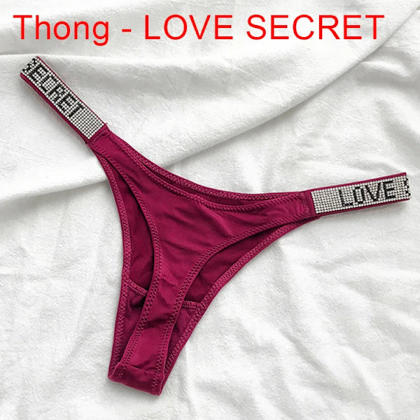 Sexiga Kvinnor Trosa Kristall Strass Brev Hemliga Underkläder Fitness Gym Kärlek Stringtrosor Låg Rise Tanga Kvinnlig Push Up Underkläder Thong-Wine Red L