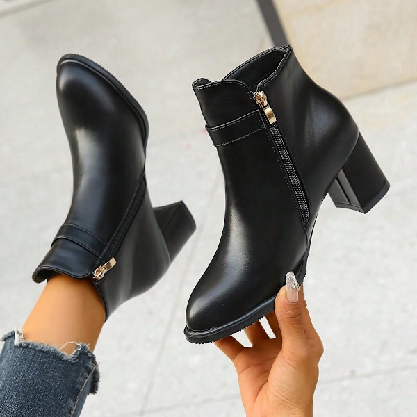 Chunky Heel Round Toe Medium Ankel Boot, Mode Bekväm Och Slimping Bootie För Vintern Black CN38