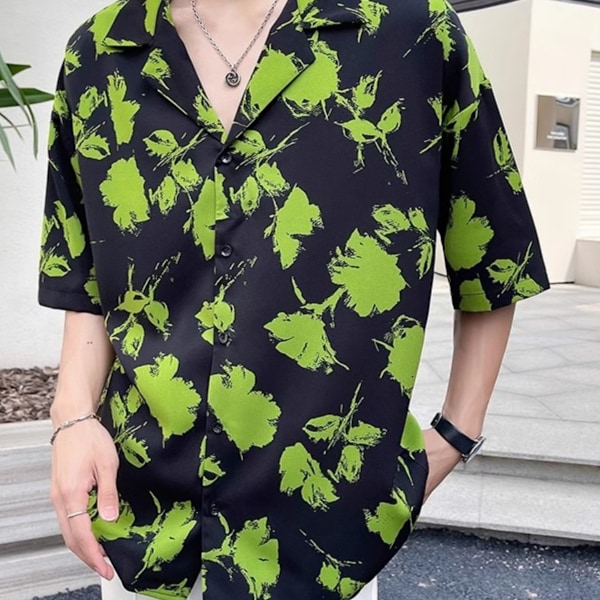 Kubansk Krave Ice Silk Trykt T-shirt Mænds Kort Ærme Sommer Fashion Mærke Gant Hawaiian Halv Ærme Skjorte 2024 Ny Mode Green XXL