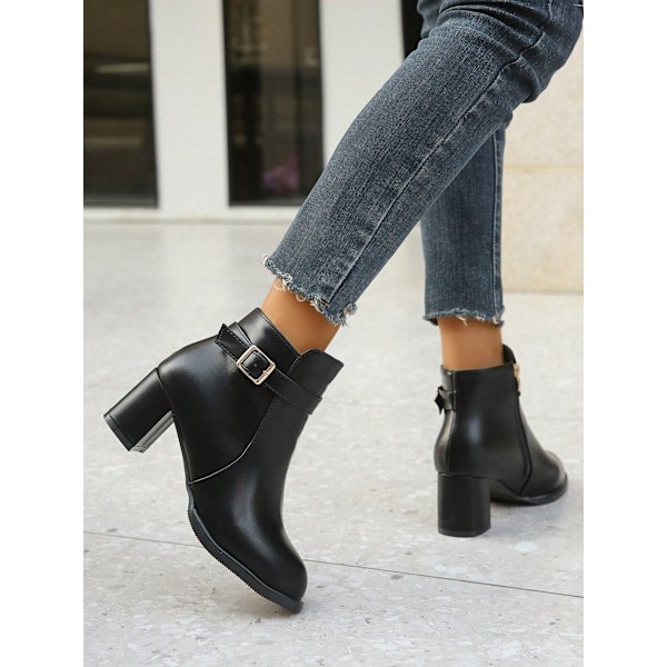 Chunky Heel Round Toe Medium Ankel Boot, Mode Bekväm Och Slimping Bootie För Vintern Black CN41