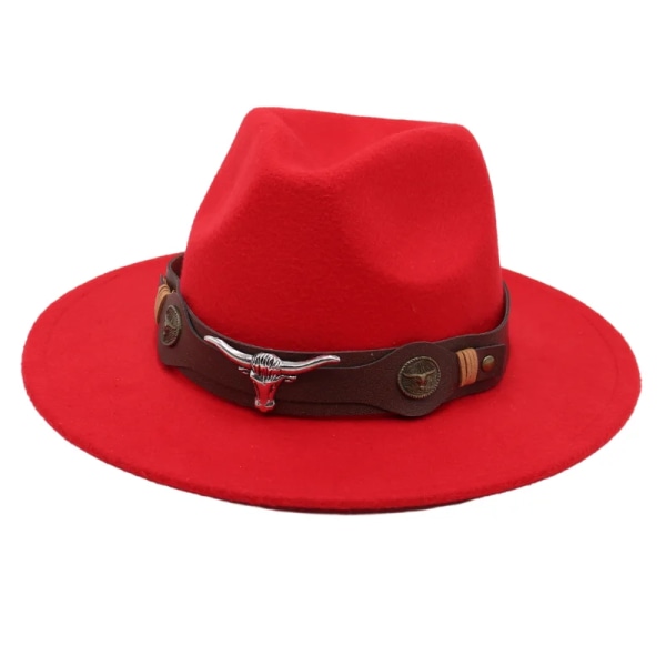 Nya resor Klassiska män Fedora hattar med tjurformad dekor höst vinter kvinnor jazz filt hattar retro brittisk platt brätte kyrkhatt red ZongNT L (Adult 59-62cm)